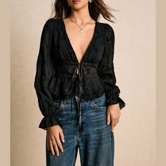 Tops - Black Embroidered Semi-sheer Deep V Neck Tie Front Peplum Blouse